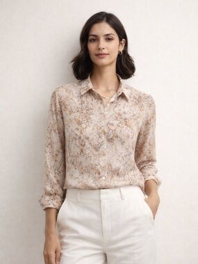 Banana Republic Silk Blend Blouse Neutral Print Work Office Chic Top M